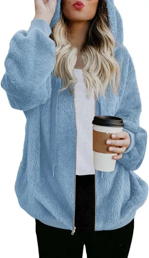ReachMe Womens Warm Fuzzy Zip Up Hoodie Oversized Sherpa Jacket with Pockets Faux Fur Fleece Winter Coats