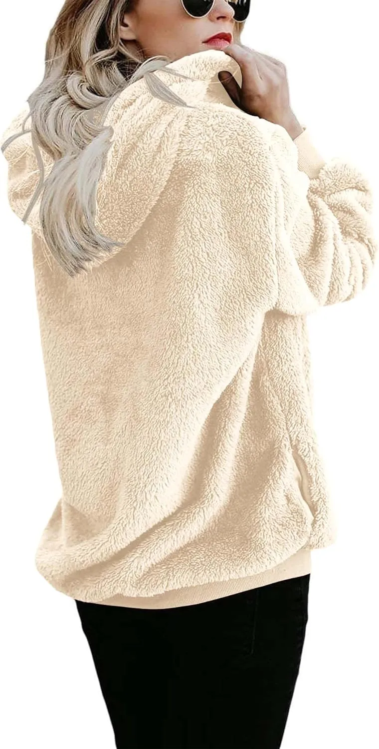 ReachMe Womens Warm Fuzzy Zip Up Hoodie Oversized Sherpa Jacket with Pockets Faux Fur Fleece Winter Coats