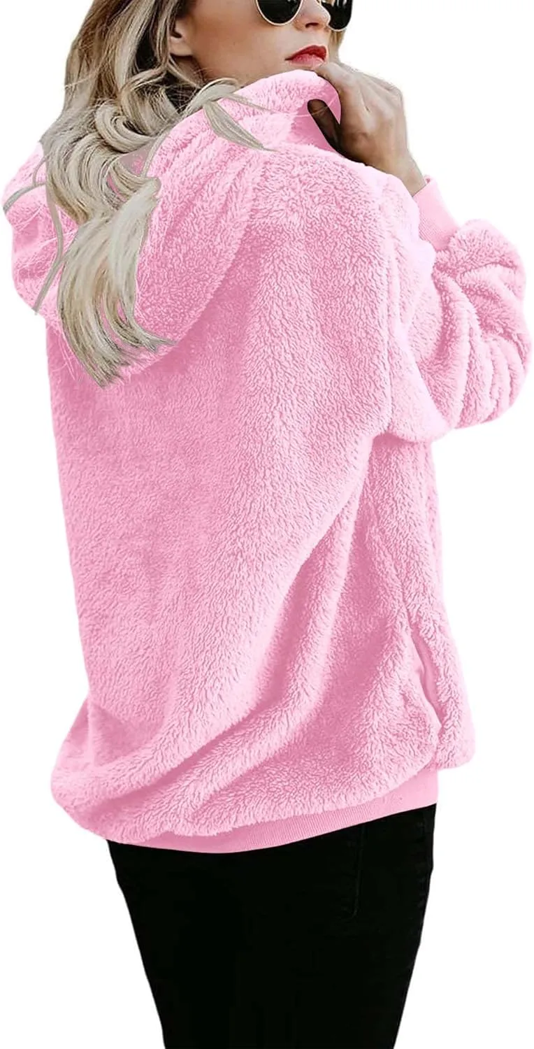 ReachMe Womens Warm Fuzzy Zip Up Hoodie Oversized Sherpa Jacket with Pockets Faux Fur Fleece Winter Coats