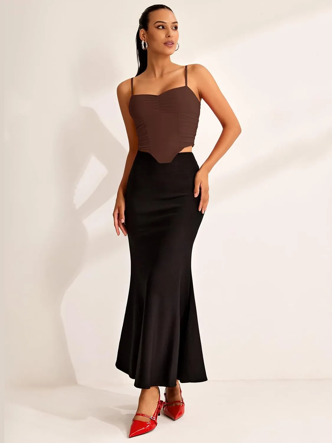 REORIA Women's V Neck Tank Top Sleeveless Sexy Sheer Mesh Ruched Y2k Crop Tops 2024 Spring/Summer Designer Collection