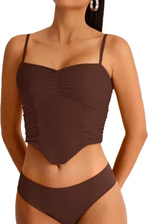 REORIA Women's V Neck Tank Top Sleeveless Sexy Sheer Mesh Ruched Y2k Crop Tops 2024 Spring/Summer Designer Collection