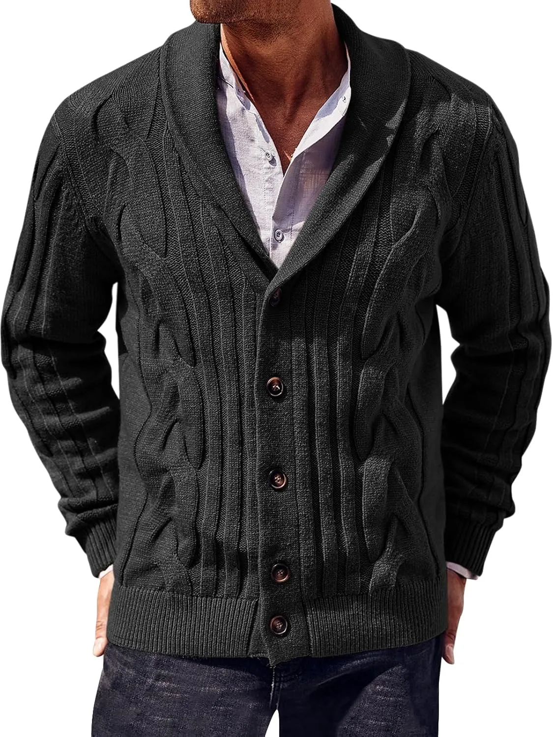 Runcati Mens Cardigan Sweater Cable Knit Button Down Shawl Collar Casual Long Sleeve Fall Winter Sweaters