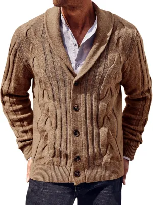 Runcati Mens Cardigan Sweater Cable Knit Button Down Shawl Collar Casual Long Sleeve Fall Winter Sweaters