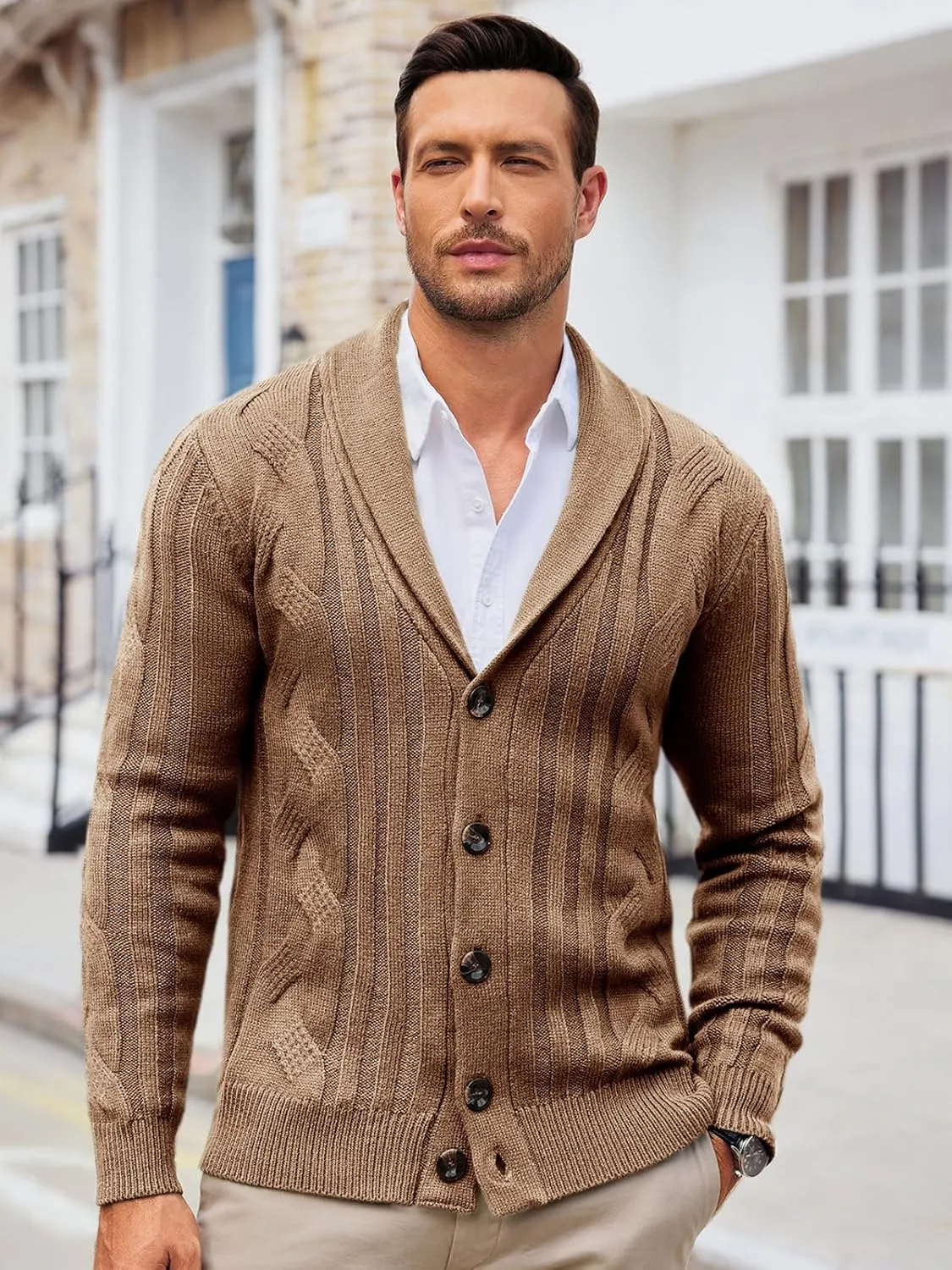 Runcati Mens Cardigan Sweater Cable Knit Button Down Shawl Collar Casual Long Sleeve Fall Winter Sweaters