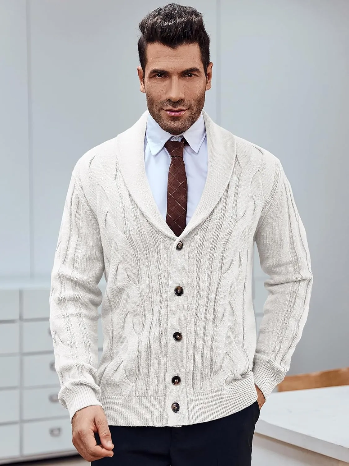 Runcati Mens Cardigan Sweater Cable Knit Button Down Shawl Collar Casual Long Sleeve Fall Winter Sweaters