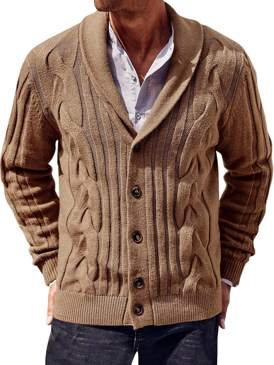 Runcati Mens Cardigan Sweater Cable Knit Button Down Shawl Collar Casual Long Sleeve Fall Winter Sweaters