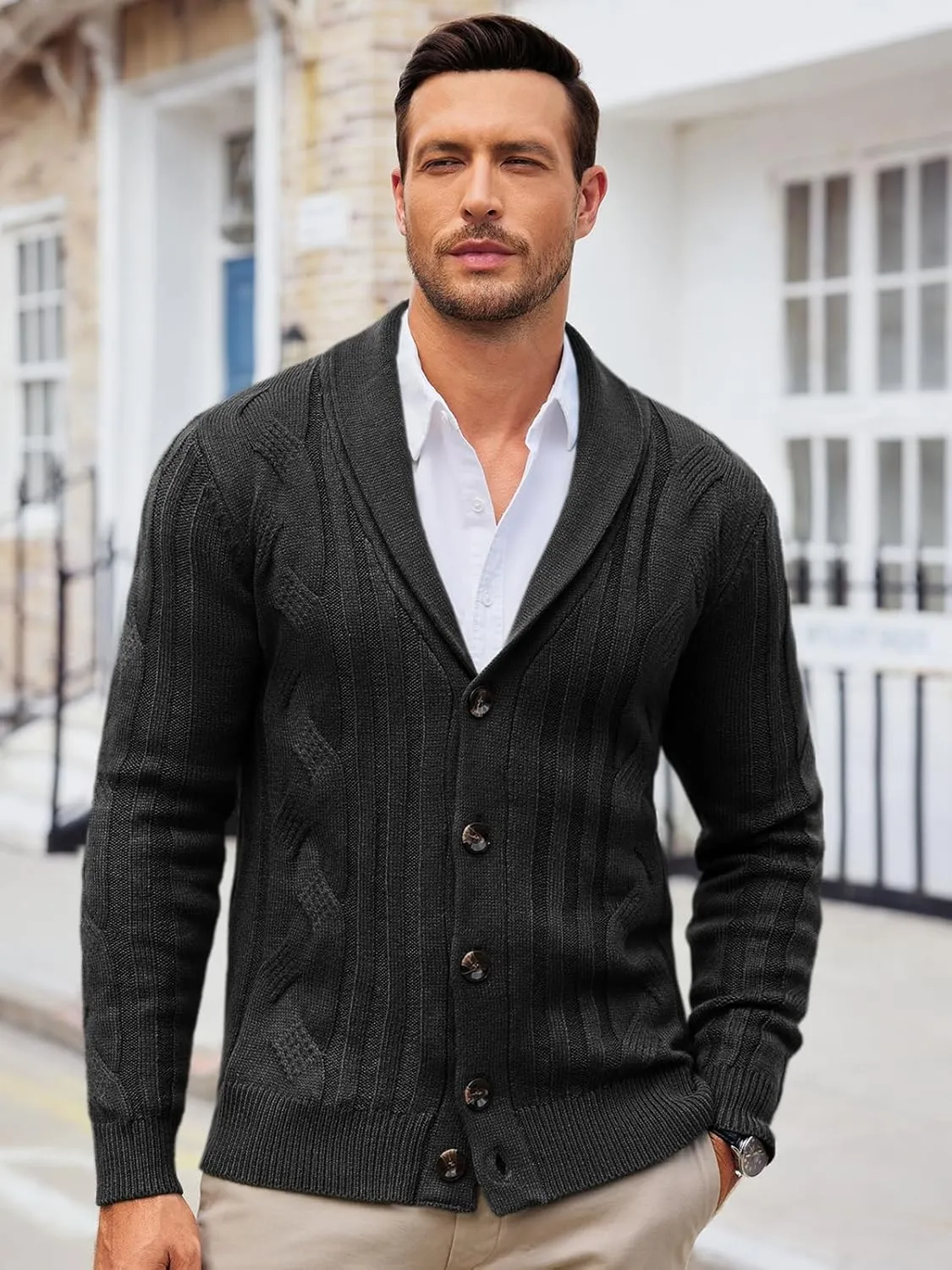 Runcati Mens Cardigan Sweater Cable Knit Button Down Shawl Collar Casual Long Sleeve Fall Winter Sweaters