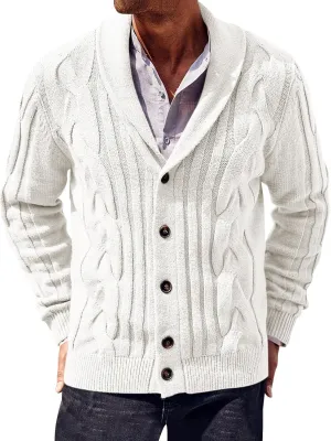 Runcati Mens Cardigan Sweater Cable Knit Button Down Shawl Collar Casual Long Sleeve Fall Winter Sweaters
