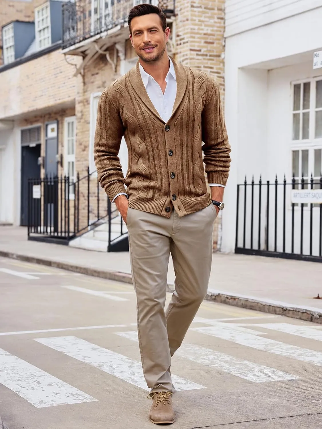 Runcati Mens Cardigan Sweater Cable Knit Button Down Shawl Collar Casual Long Sleeve Fall Winter Sweaters