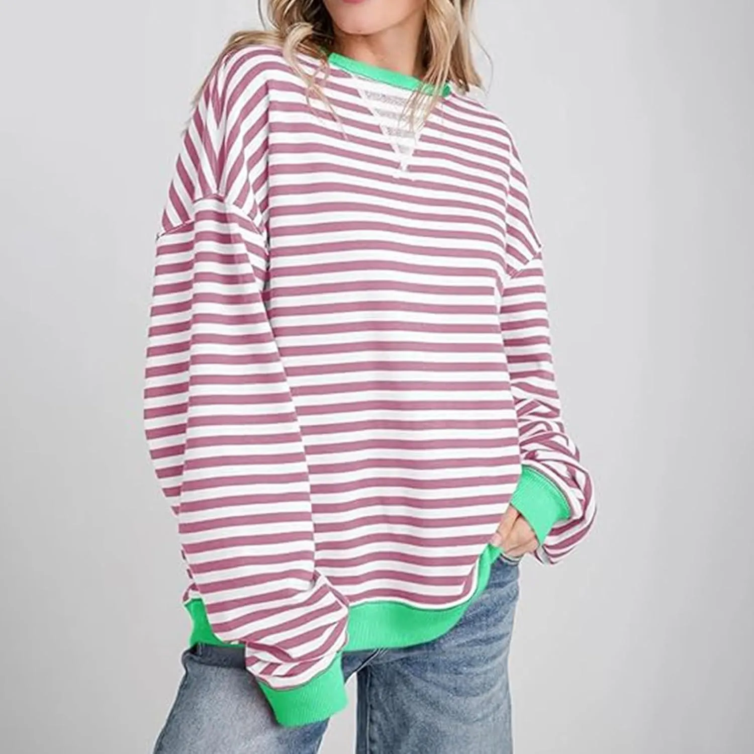 Ruziyoog Women Striped Oversized Sweatshirt Color Block Long Sleeve Crew Neck Shirts Casual Loose Pullover Y2K Top