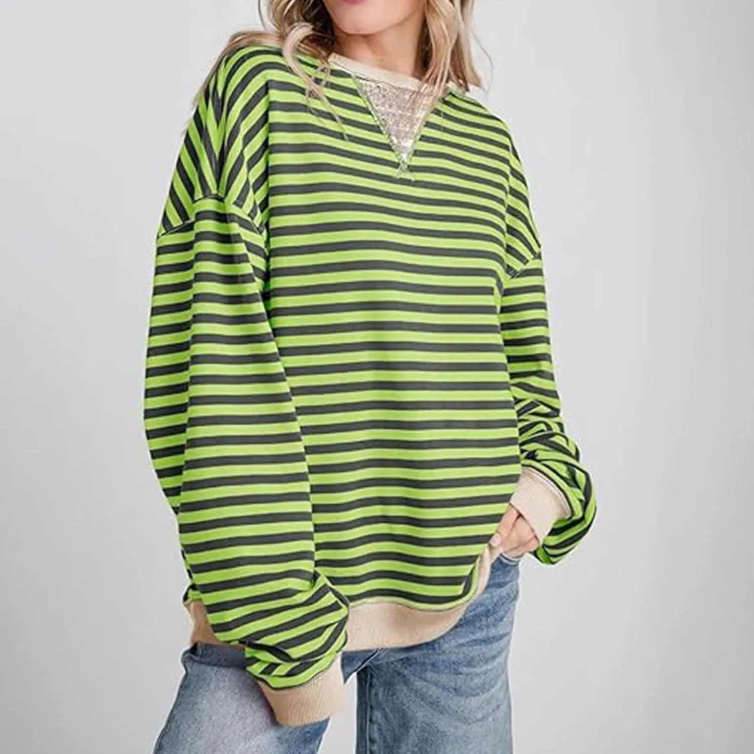 Ruziyoog Women Striped Oversized Sweatshirt Color Block Long Sleeve Crew Neck Shirts Casual Loose Pullover Y2K Top