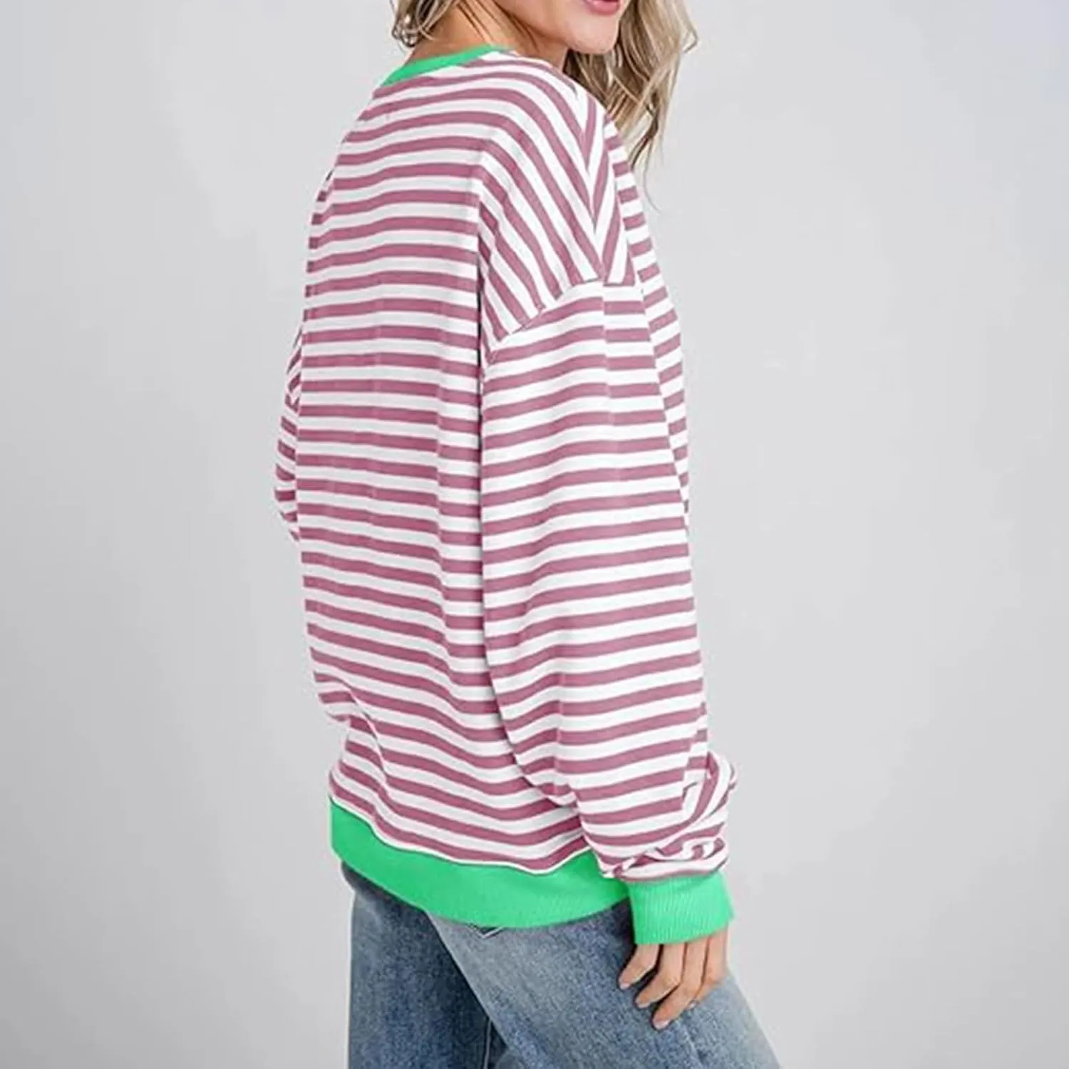 Ruziyoog Women Striped Oversized Sweatshirt Color Block Long Sleeve Crew Neck Shirts Casual Loose Pullover Y2K Top