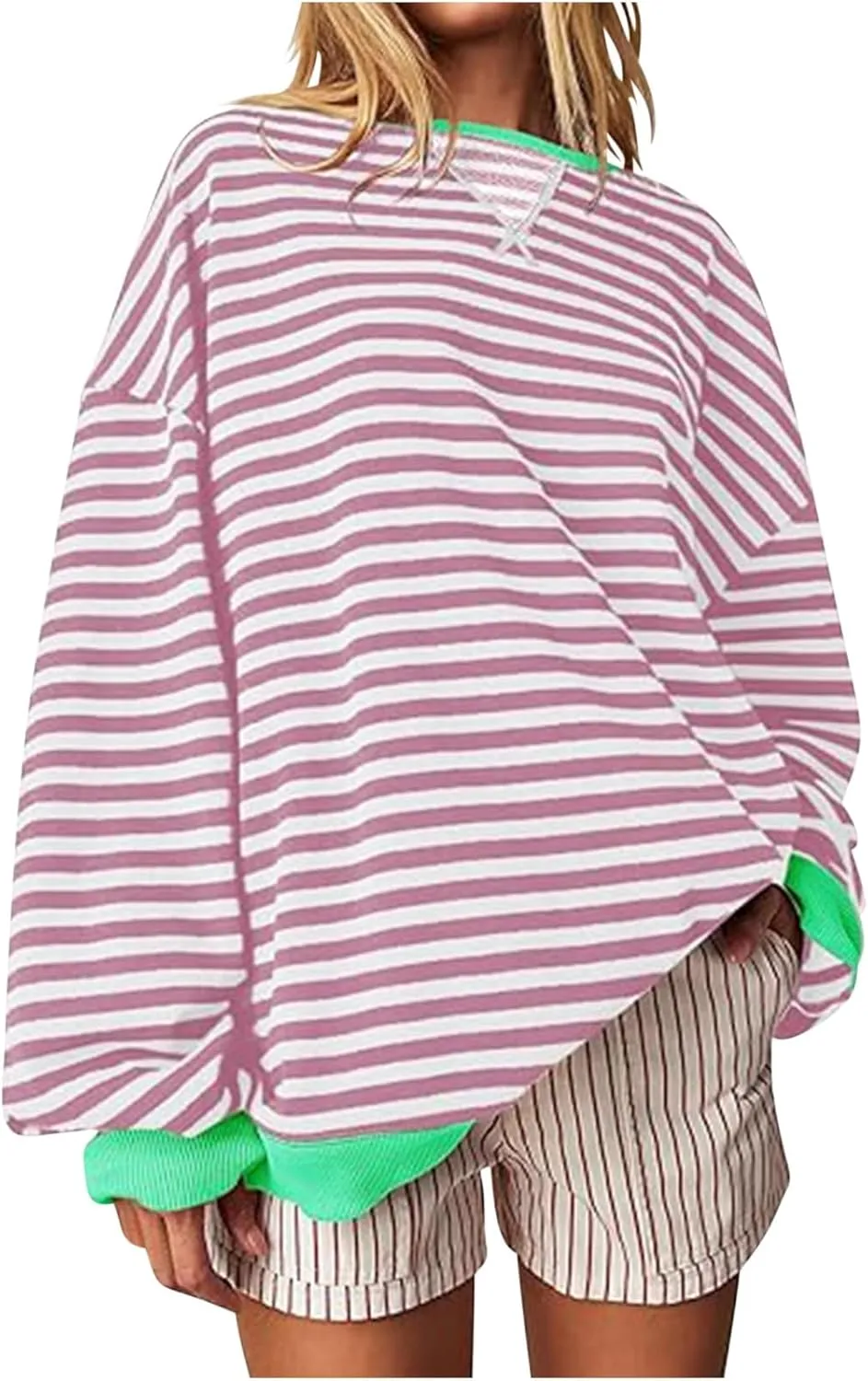 Ruziyoog Women Striped Oversized Sweatshirt Color Block Long Sleeve Crew Neck Shirts Casual Loose Pullover Y2K Top