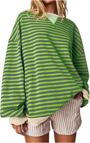 Ruziyoog Women Striped Oversized Sweatshirt Color Block Long Sleeve Crew Neck Shirts Casual Loose Pullover Y2K Top