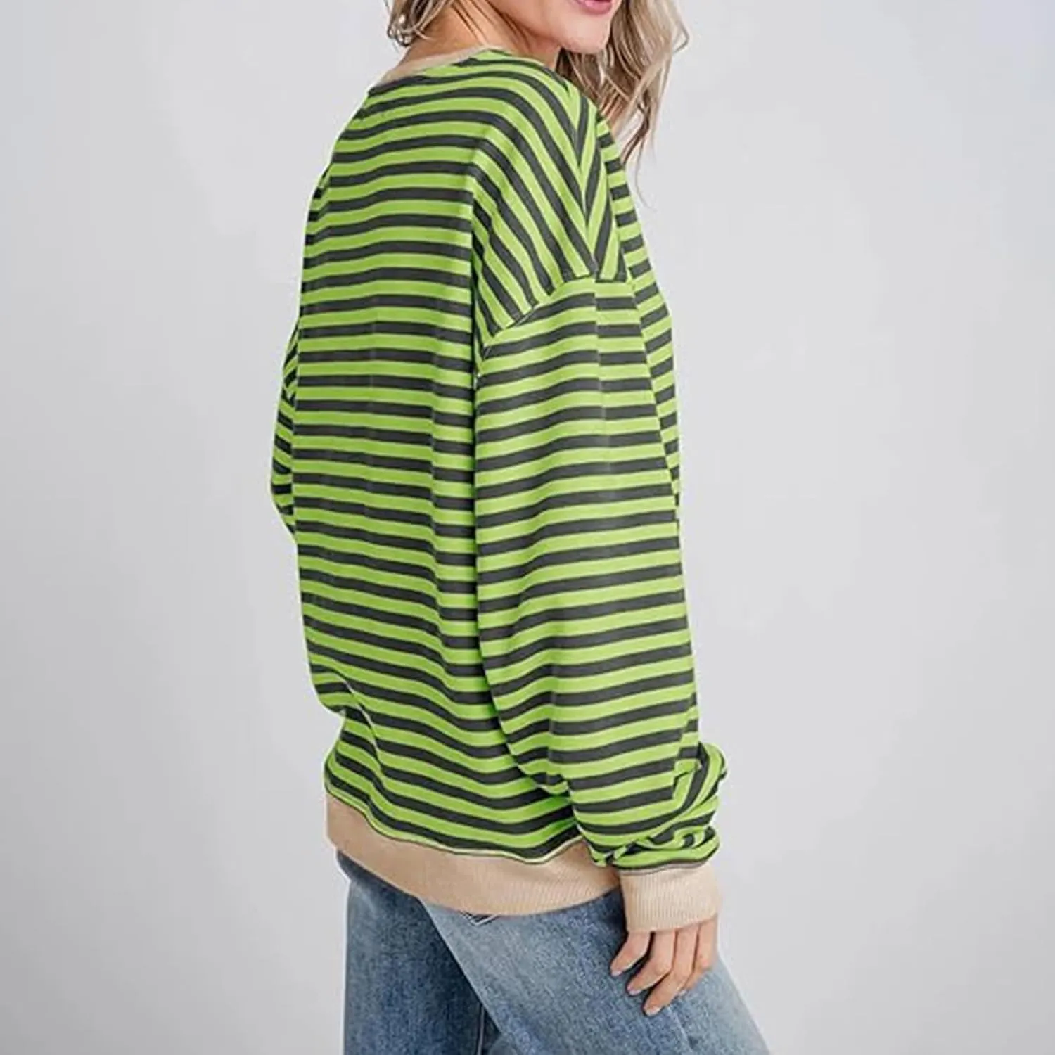 Ruziyoog Women Striped Oversized Sweatshirt Color Block Long Sleeve Crew Neck Shirts Casual Loose Pullover Y2K Top