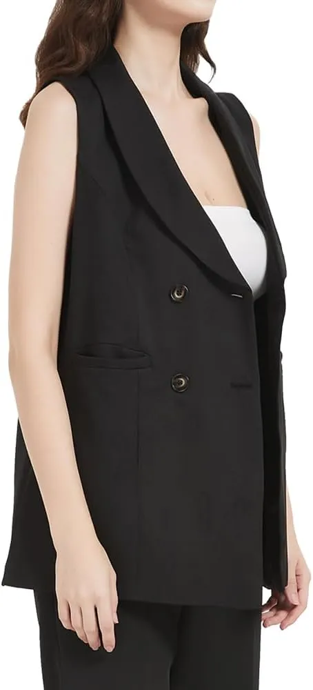 S7 Women's Sleeveless Vest Classic Double Breasted Suit Vest Casual Waistcoat Solid Business Blazer Vest with 2 Pockets