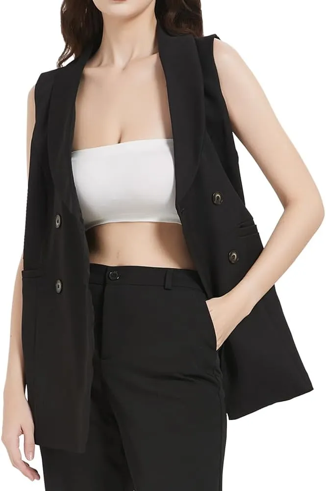 S7 Women's Sleeveless Vest Classic Double Breasted Suit Vest Casual Waistcoat Solid Business Blazer Vest with 2 Pockets