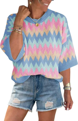 Saodimallsu Womens Color Block Striped Sweater Tops Summer Half Sleeve Crew Neck Loose Knit Pullover Sweaters