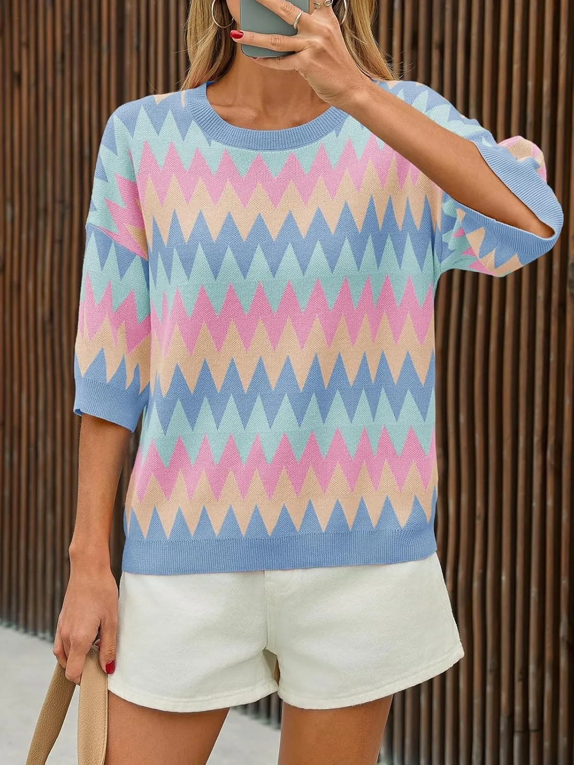 Saodimallsu Womens Color Block Striped Sweater Tops Summer Half Sleeve Crew Neck Loose Knit Pullover Sweaters
