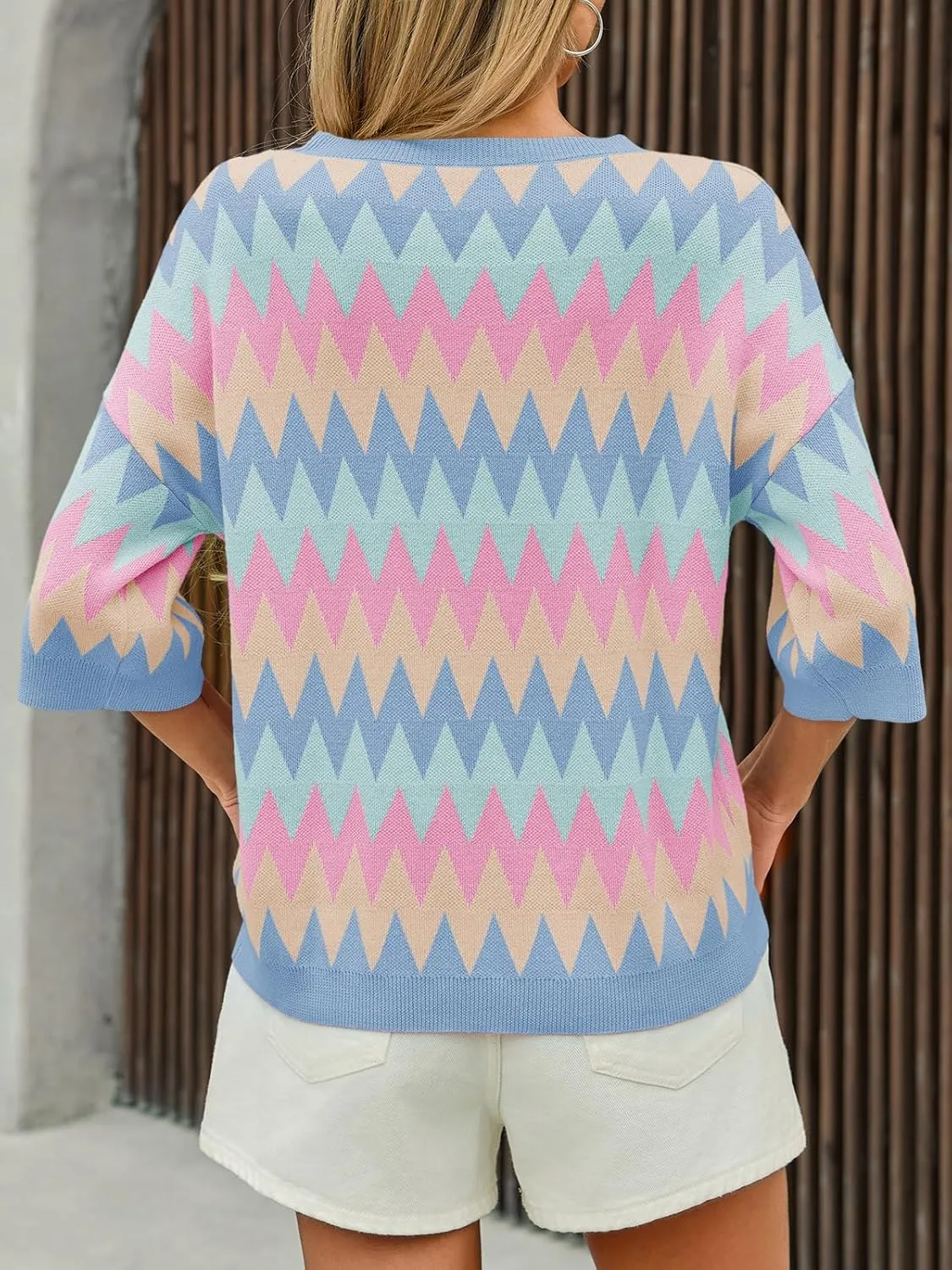 Saodimallsu Womens Color Block Striped Sweater Tops Summer Half Sleeve Crew Neck Loose Knit Pullover Sweaters