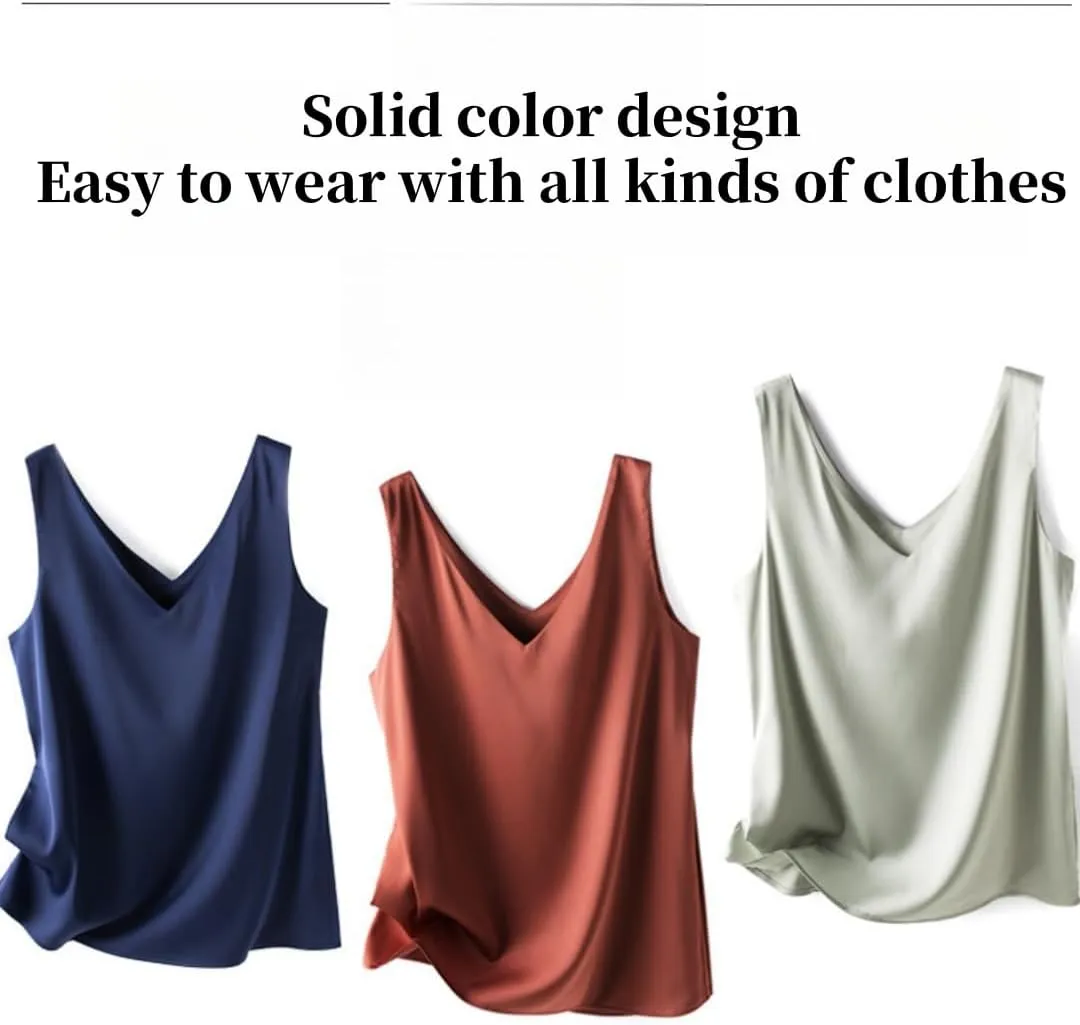 Silk Camisole Top Women's V-Neck Sleeveless Blouse,Loose Fit Casual Beach Vacation Outfits Shirt,S-3XL