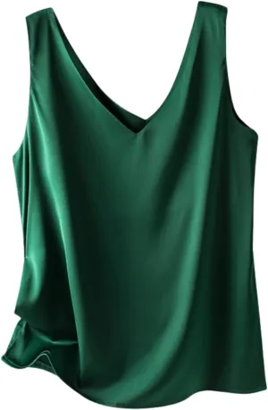 Silk Camisole Top Women's V-Neck Sleeveless Blouse,Loose Fit Casual Beach Vacation Outfits Shirt,S-3XL
