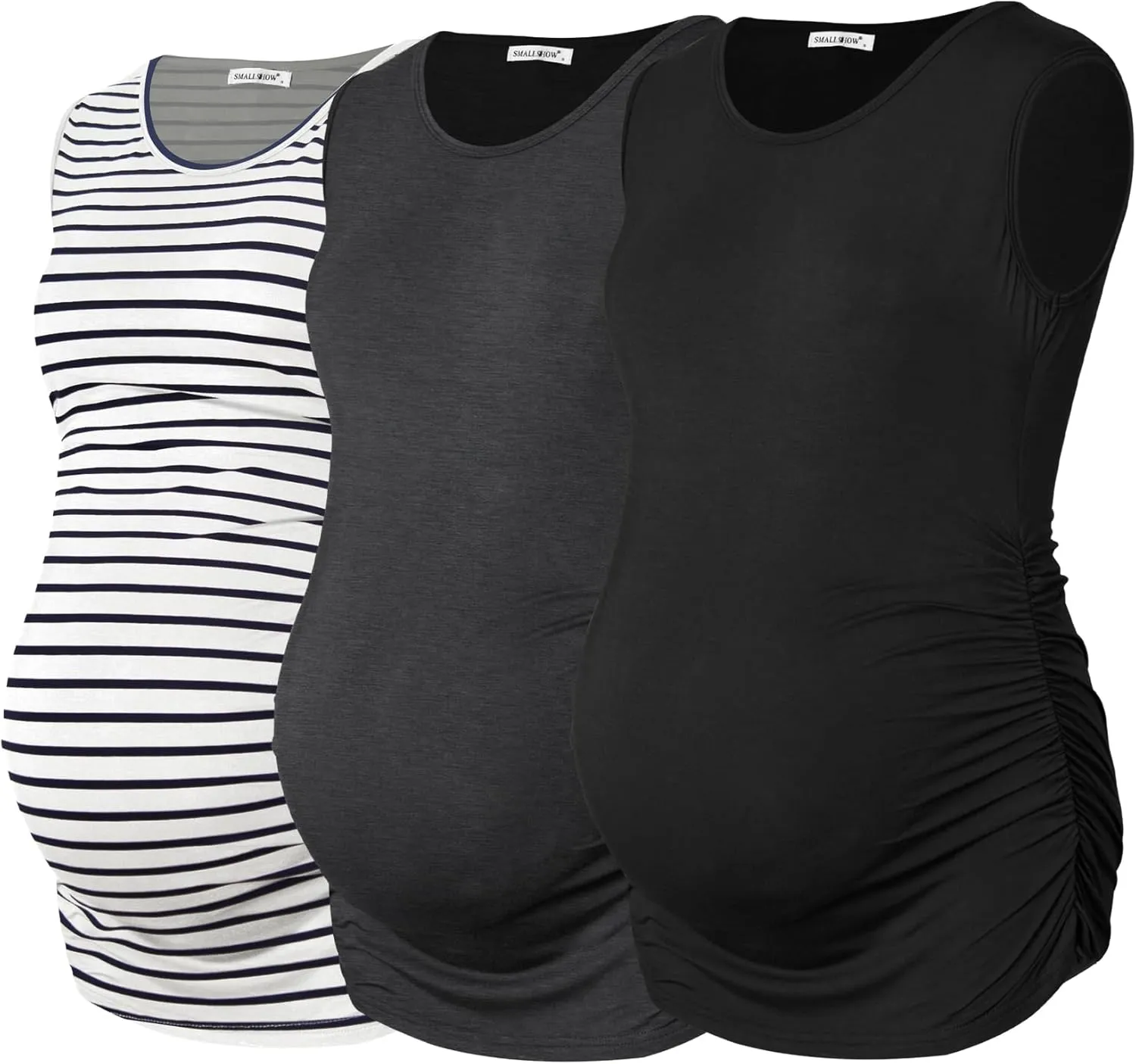 Smallshow Women's Sleeveless Maternity Tank Tops Ruched Pregnancy Clothes 3-Pack
