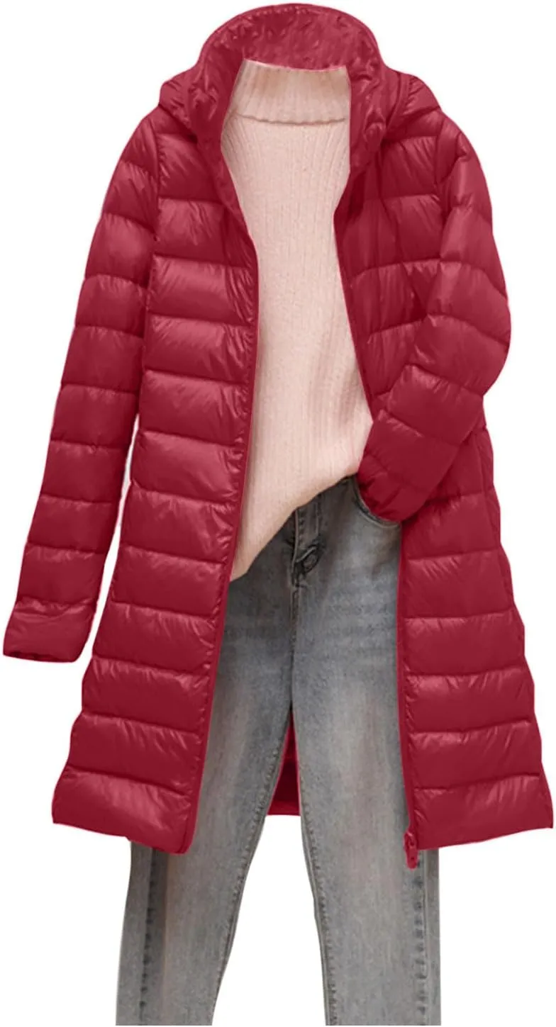 SMIDOW Long Puffer Coat For Women Plus Size Warm Winter Down Jackets Lightweight Removable Hood Quilted Coats