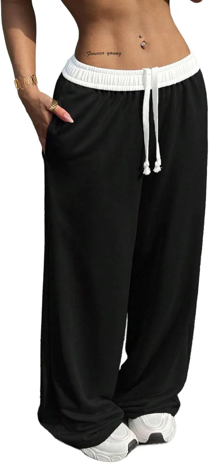 SOFIA'S CHOICE Women's Low Waisted Drawstring Sweatpants Color Block Long Pants with Pockets