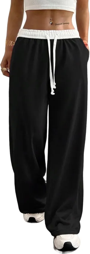 SOFIA'S CHOICE Women's Low Waisted Drawstring Sweatpants Color Block Long Pants with Pockets