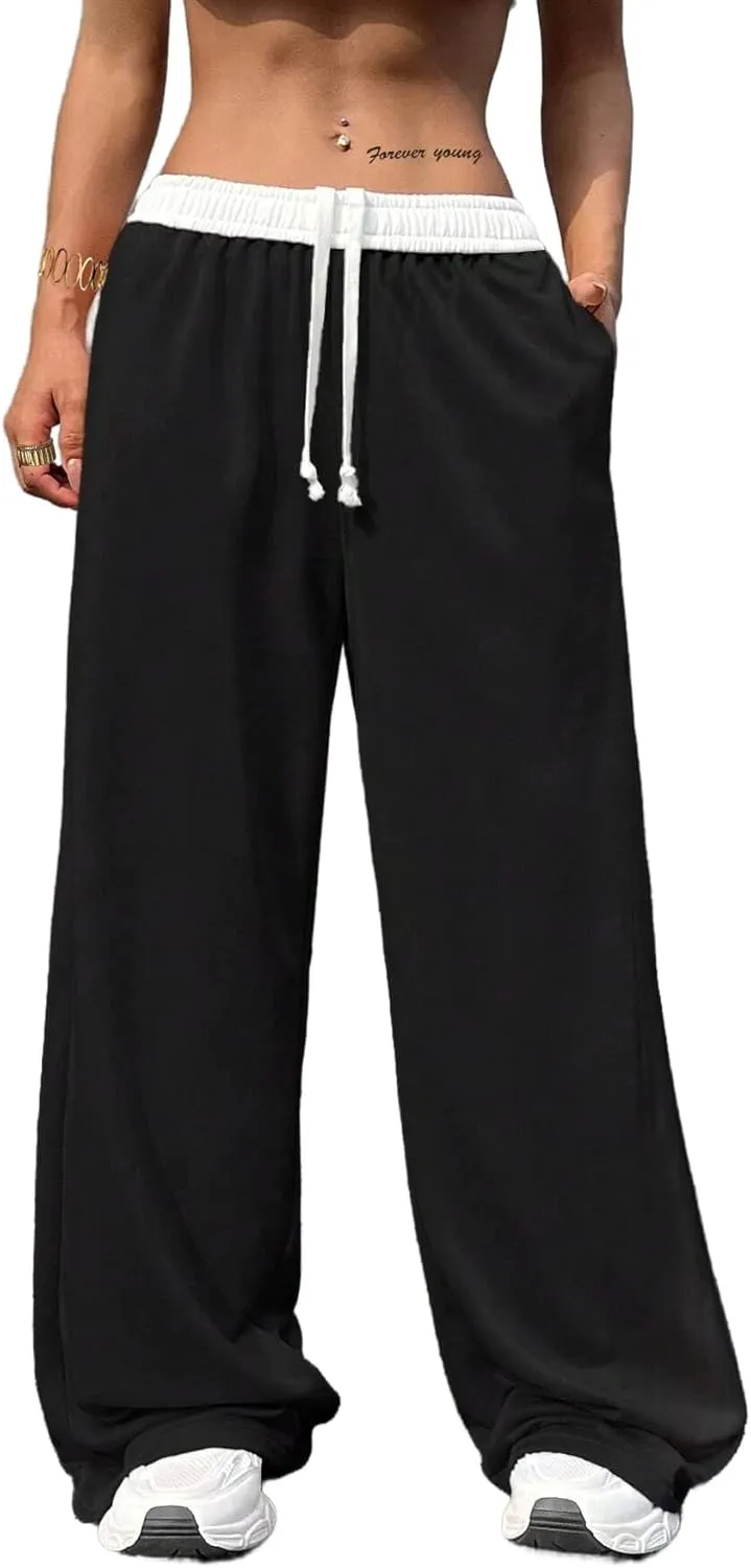 SOFIA'S CHOICE Women's Low Waisted Drawstring Sweatpants Color Block Long Pants with Pockets