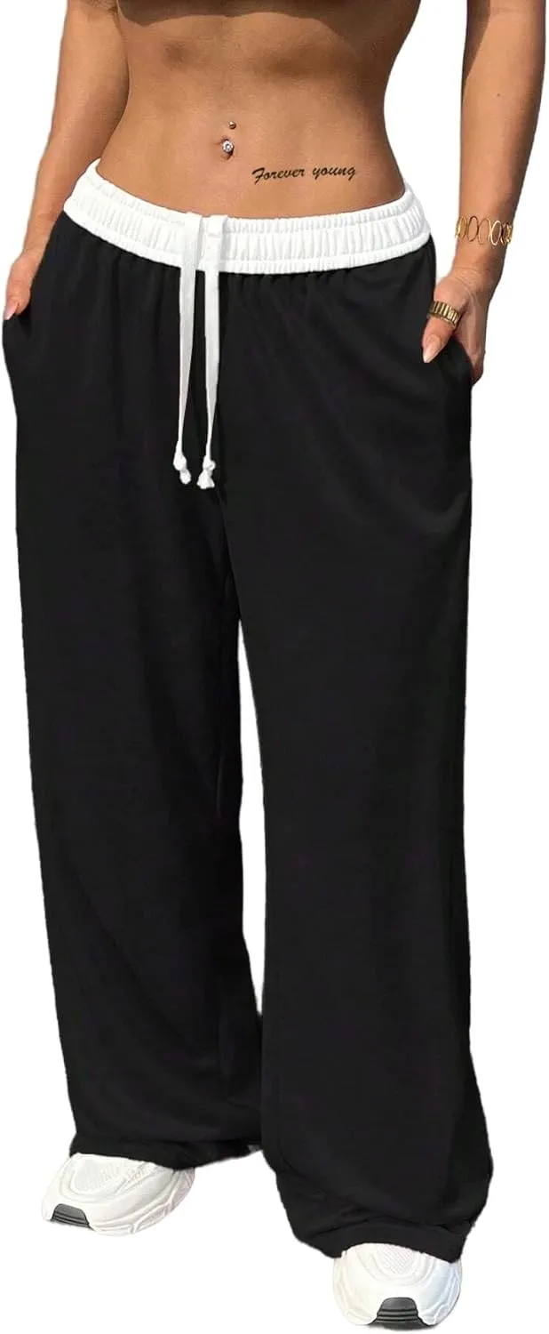 SOFIA'S CHOICE Women's Low Waisted Drawstring Sweatpants Color Block Long Pants with Pockets