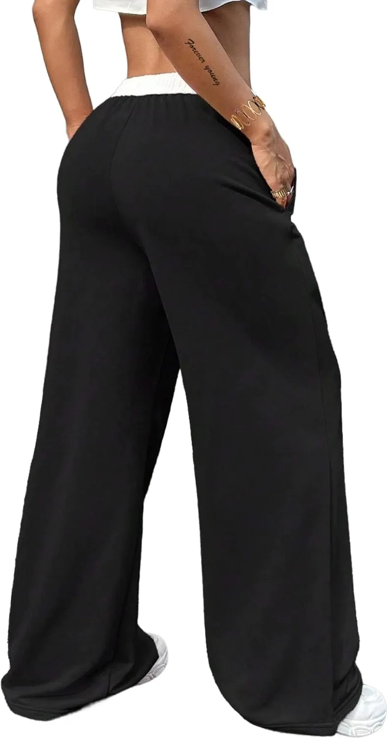 SOFIA'S CHOICE Women's Low Waisted Drawstring Sweatpants Color Block Long Pants with Pockets