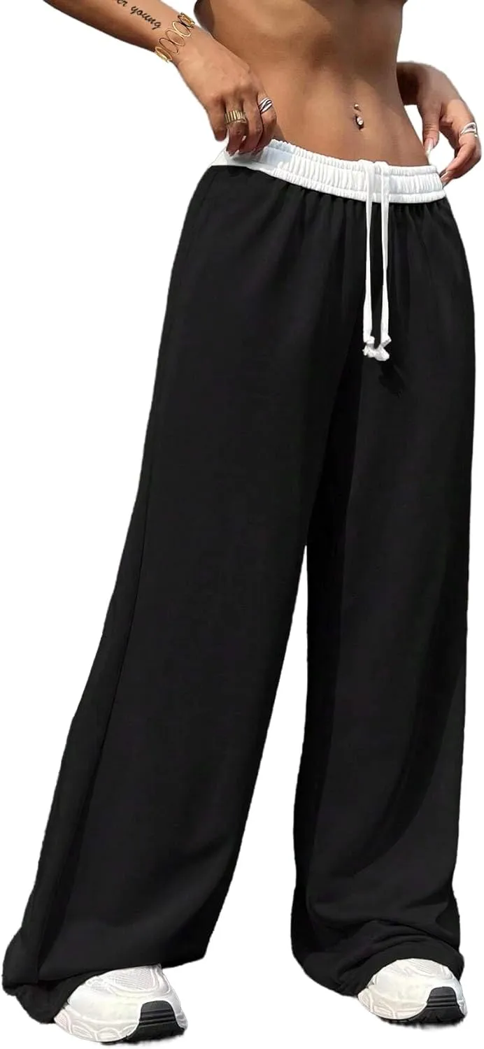 SOFIA'S CHOICE Women's Low Waisted Drawstring Sweatpants Color Block Long Pants with Pockets