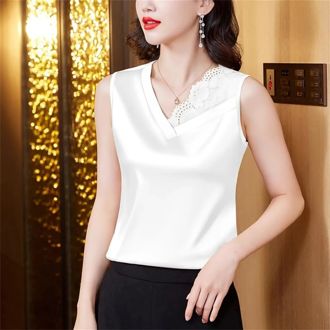 Spring and Summer Satin Camisole Women's V-Neck Patchwork lace Vest Sleeveless top Vest
