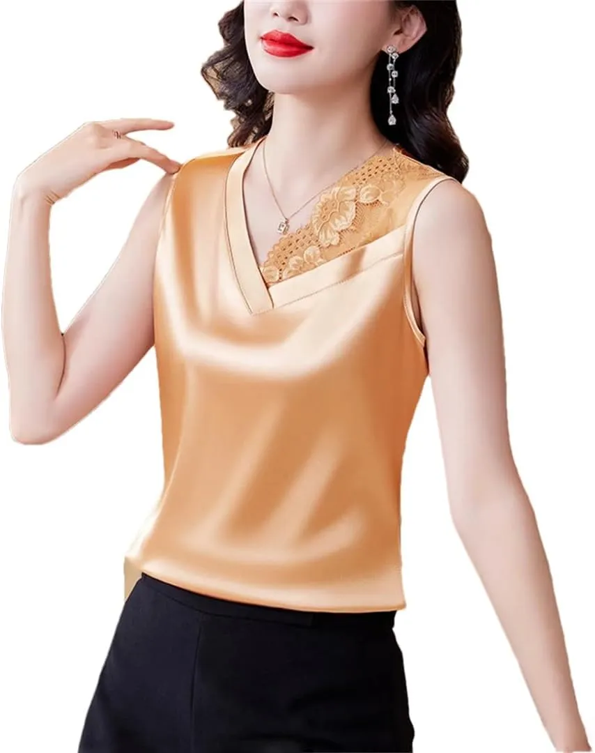Spring and Summer Satin Camisole Women's V-Neck Patchwork lace Vest Sleeveless top Vest