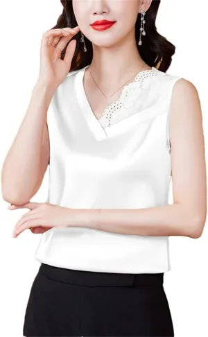 Spring and Summer Satin Camisole Women's V-Neck Patchwork lace Vest Sleeveless top Vest
