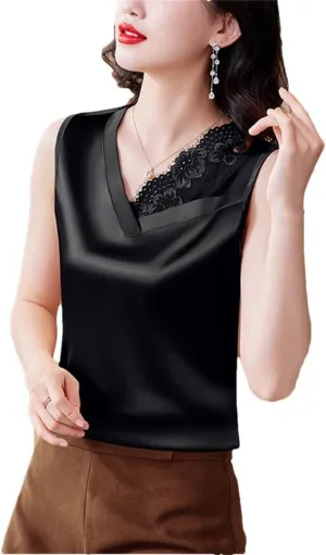Spring and Summer Satin Camisole Women's V-Neck Patchwork lace Vest Sleeveless top Vest