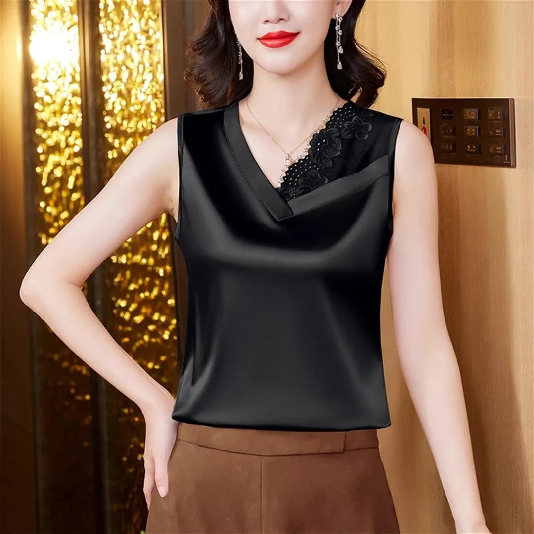 Spring and Summer Satin Camisole Women's V-Neck Patchwork lace Vest Sleeveless top Vest