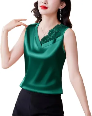 Spring and Summer Satin Camisole Women's V-Neck Patchwork lace Vest Sleeveless top Vest