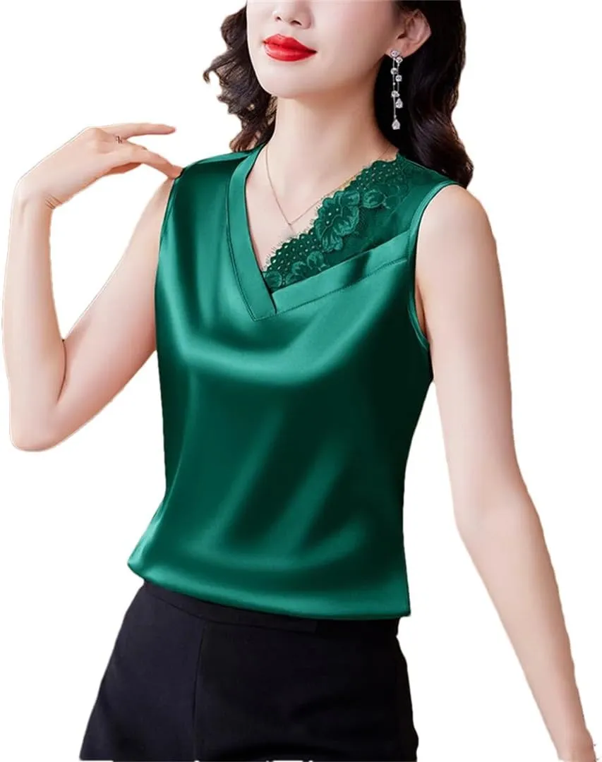 Spring and Summer Satin Camisole Women's V-Neck Patchwork lace Vest Sleeveless top Vest