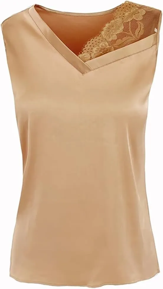 Spring and Summer Satin Camisole Women's V-Neck Patchwork lace Vest Sleeveless top Vest