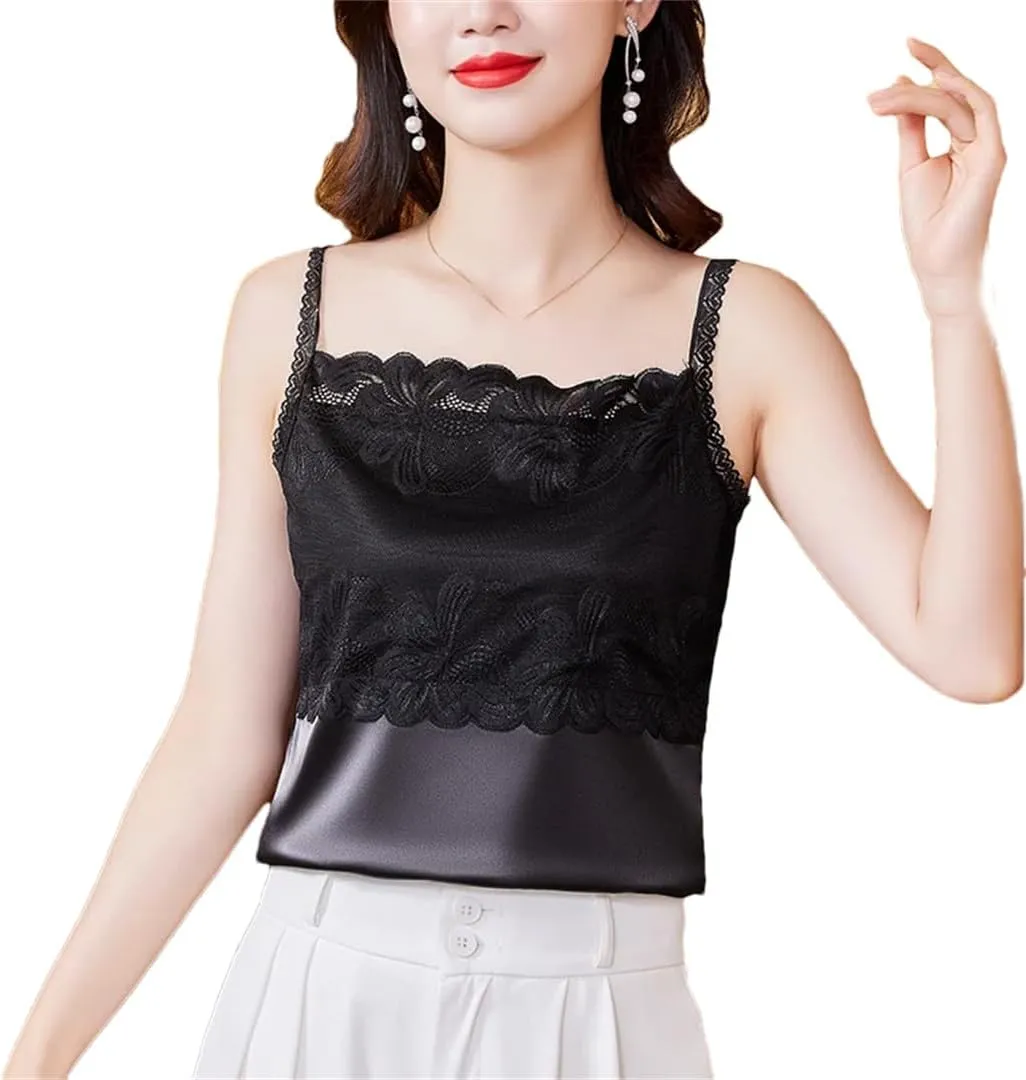 Spring and Summer Women's Camisole Sleeveless Patchwork Silk Satin Lace Vest