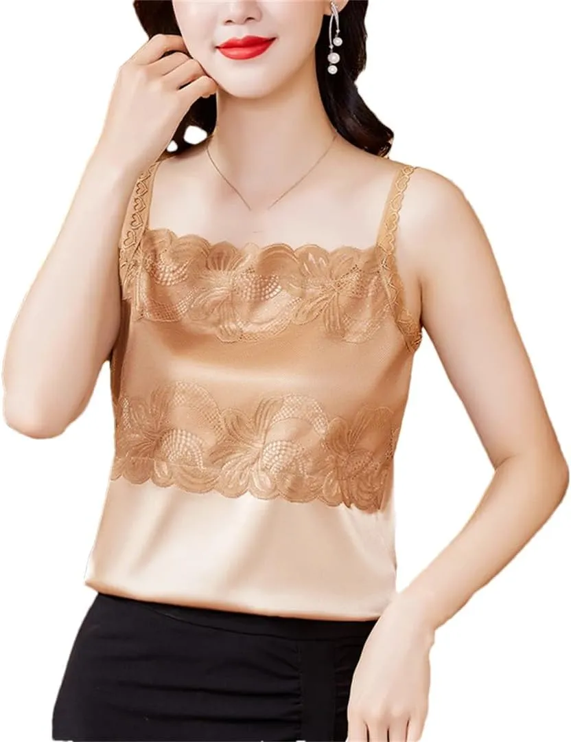 Spring and Summer Women's Camisole Sleeveless Patchwork Silk Satin Lace Vest