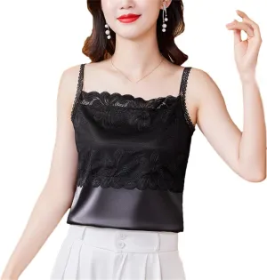 Spring and Summer Women's Camisole Sleeveless Patchwork Silk Satin Lace Vest