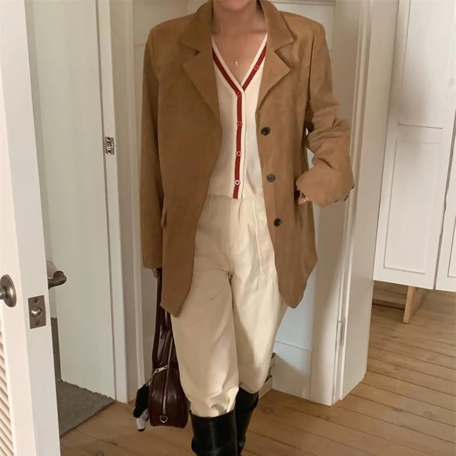 Suede Jacket Y2k Outerwear Brown Faux Leather Jacket Women Fall Fashion Trendy Old Money Oversized Blazers