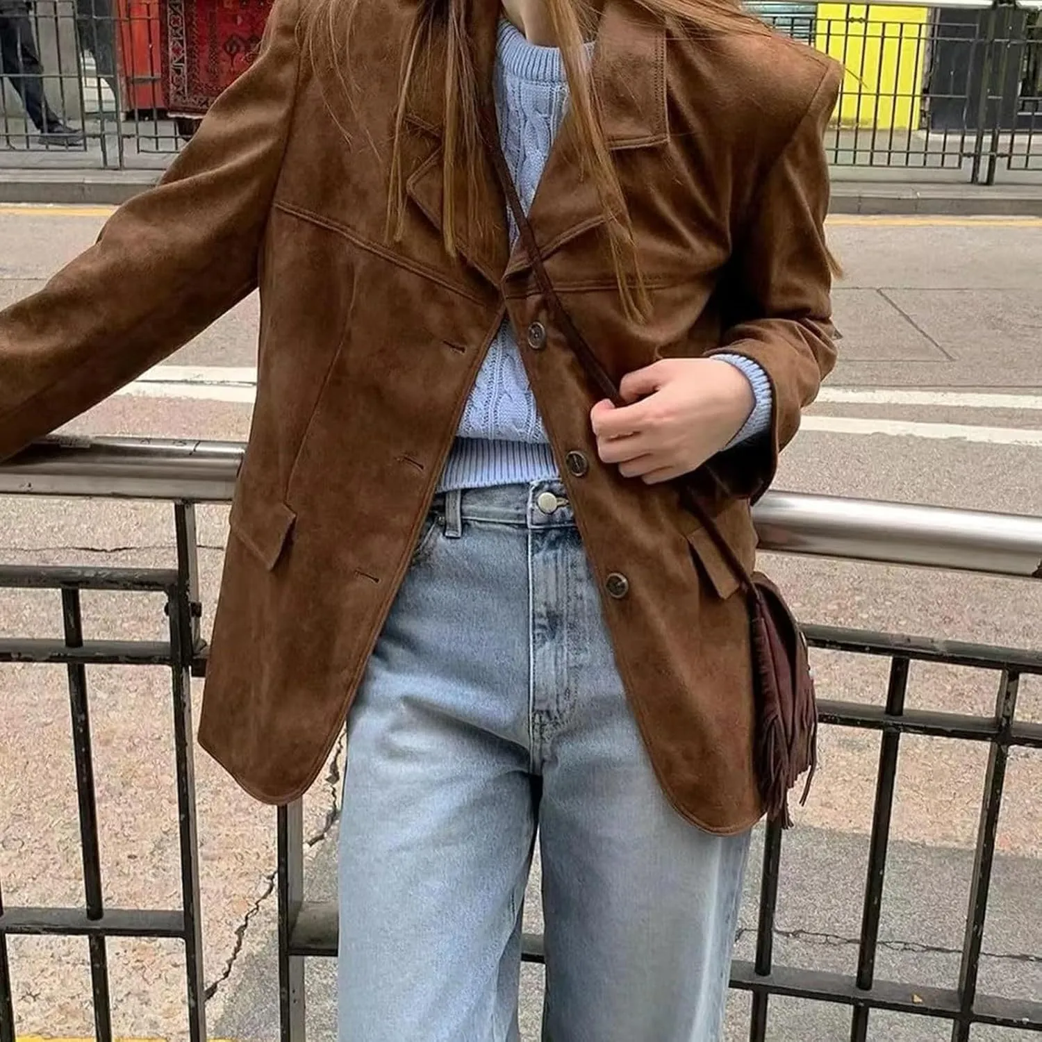 Suede Jacket Y2k Outerwear Brown Faux Leather Jacket Women Fall Fashion Trendy Old Money Oversized Blazers