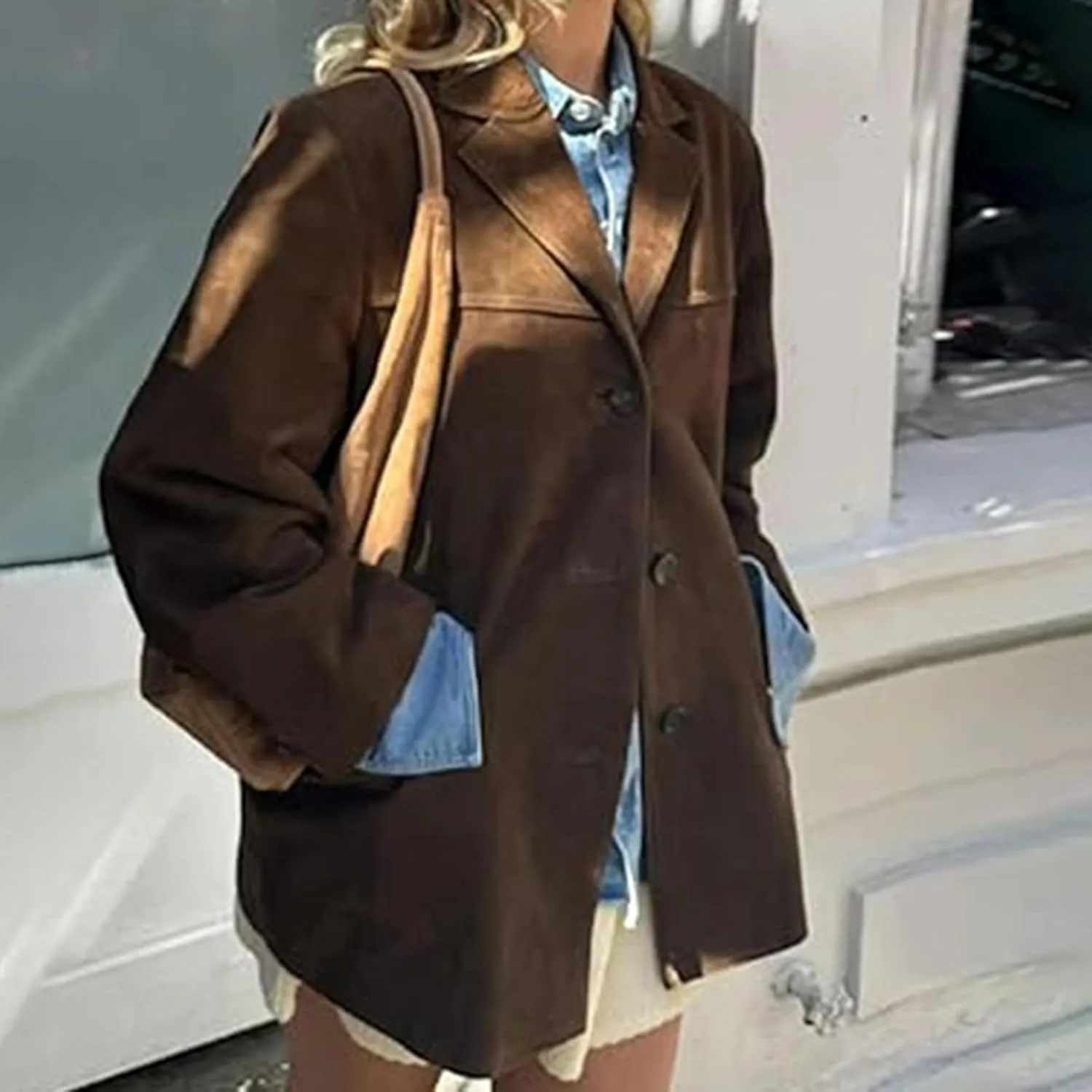 Suede Jacket Y2k Outerwear Brown Faux Leather Jacket Women Fall Fashion Trendy Old Money Oversized Blazers