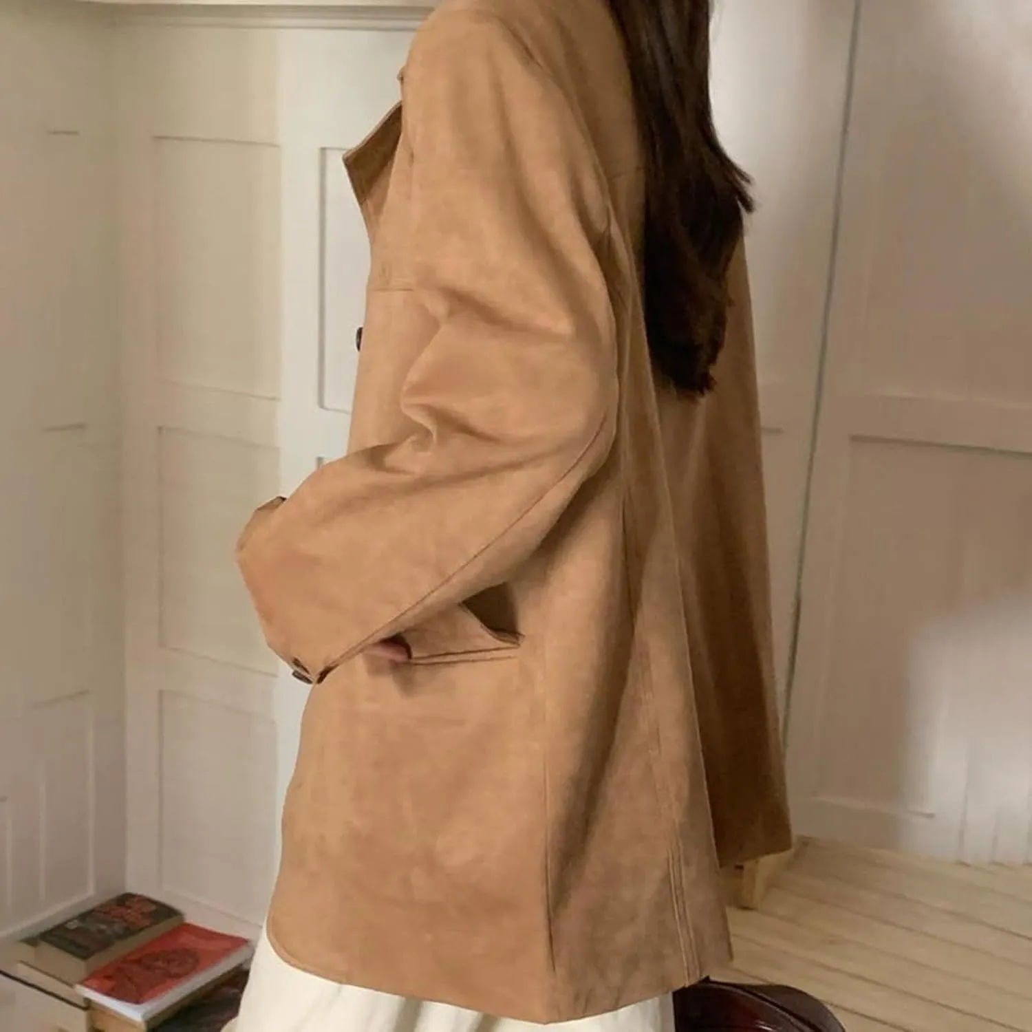 Suede Jacket Y2k Outerwear Brown Faux Leather Jacket Women Fall Fashion Trendy Old Money Oversized Blazers