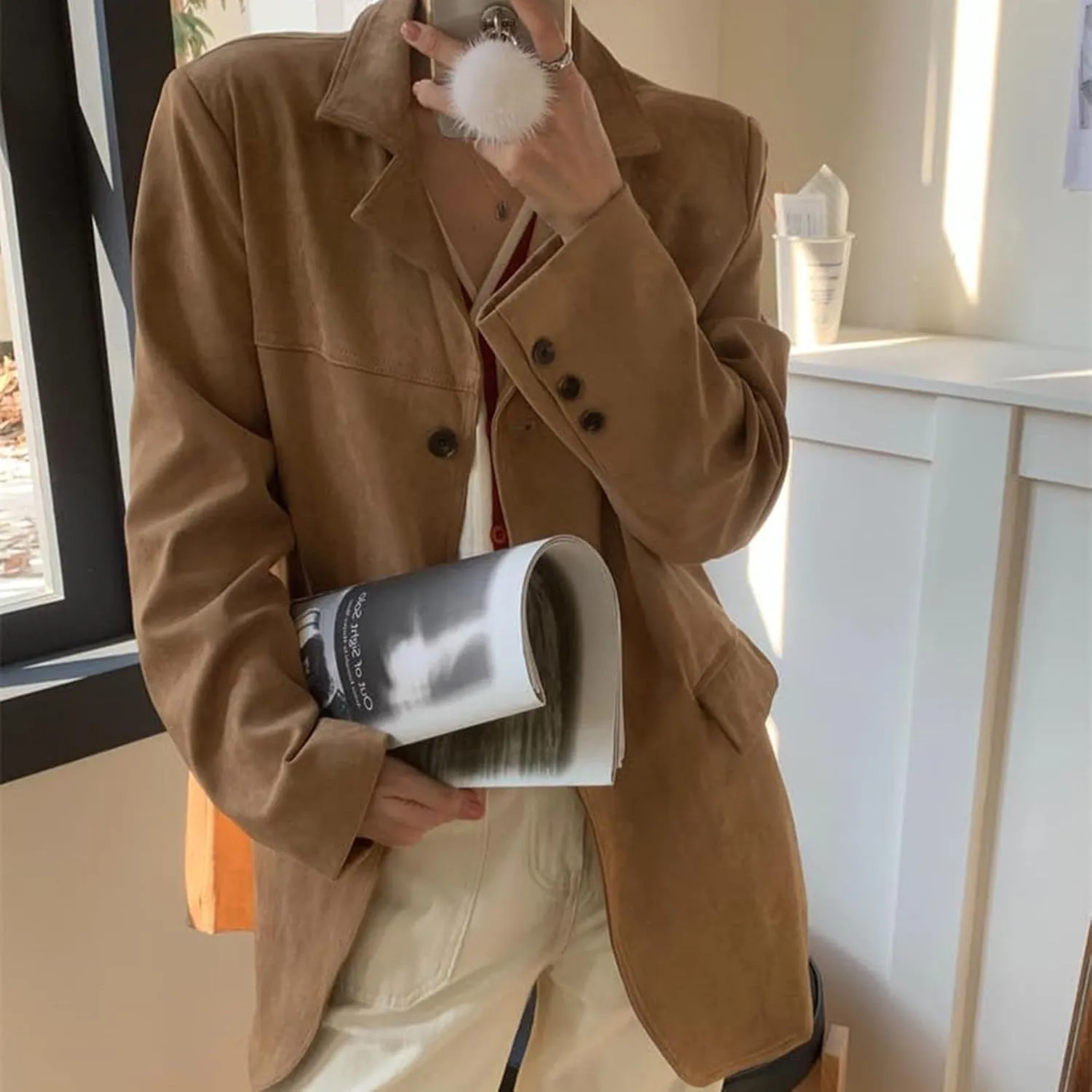 Suede Jacket Y2k Outerwear Brown Faux Leather Jacket Women Fall Fashion Trendy Old Money Oversized Blazers